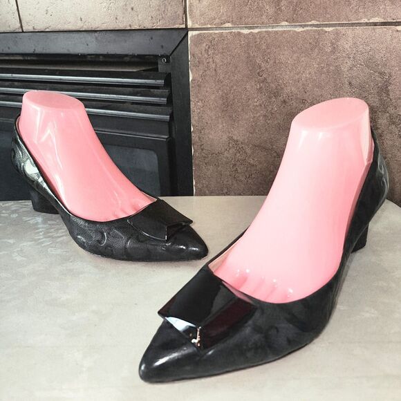 CAROLINNA ESPINOSA CELINE 8.5 Black Embossed Leather Slip On Swirl Classy Heels - Picture 2 of 16